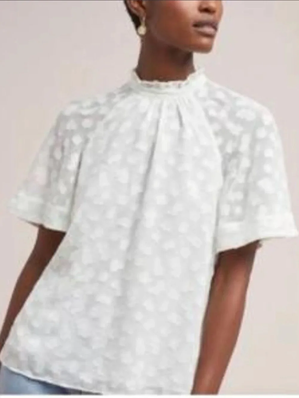 Feather Bone Anthropologie White Eyelet Blouse High Ruffled Neckline Size XS